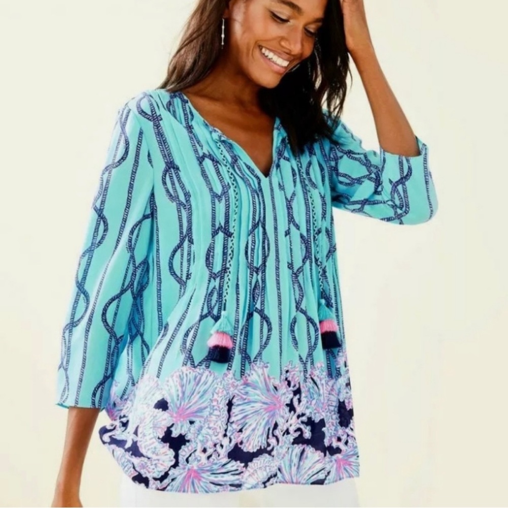 Brand New LILLY PULITZER Marlina Tunic Light Aqua A Frayed Knot